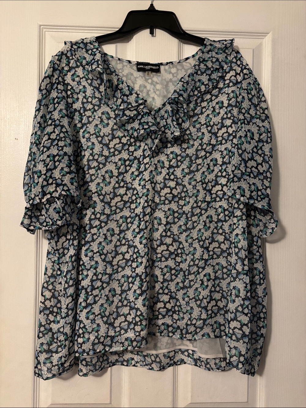 Karl Lagerfeld Blue, White & Teal Floral Ruffle Blouse